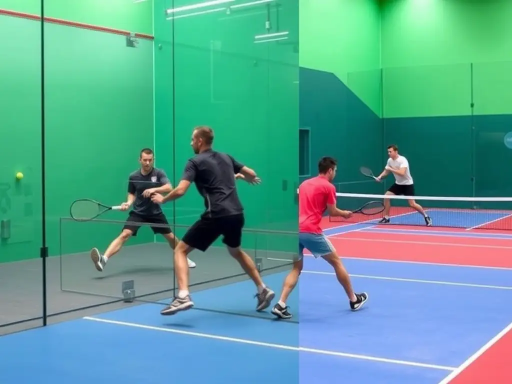 Players engaged in a competitive squash match and a padel game, showcasing the dynamic nature of these sports.