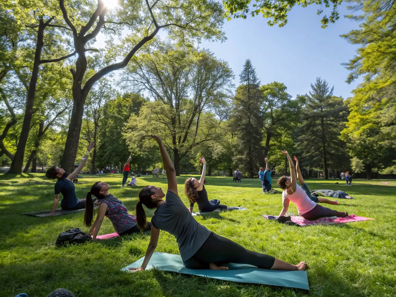 A group of LAGORD TENNIS SQUASH members participating in a yoga session outdoors, with a focus on relaxation and wellness.