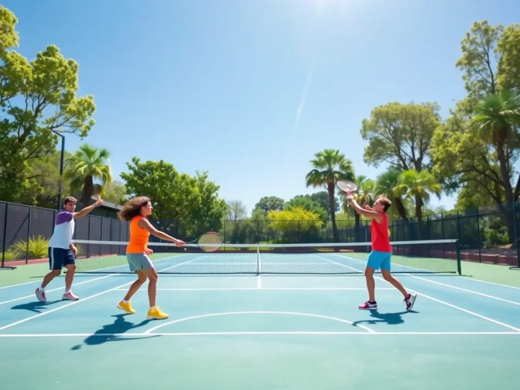 A group of players engaged in a lively tennis match on well-maintained courts, with a coach providing guidance in the background.