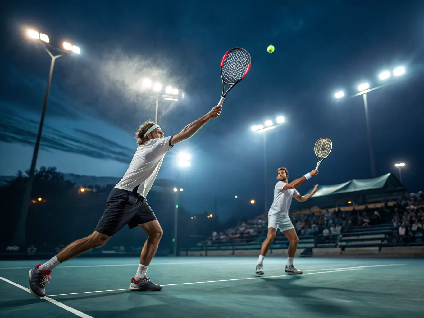 A vibrant tennis court with players in action, showcasing the dynamic movement and energy of a tennis match at LAGORD TENNIS SQUASH.