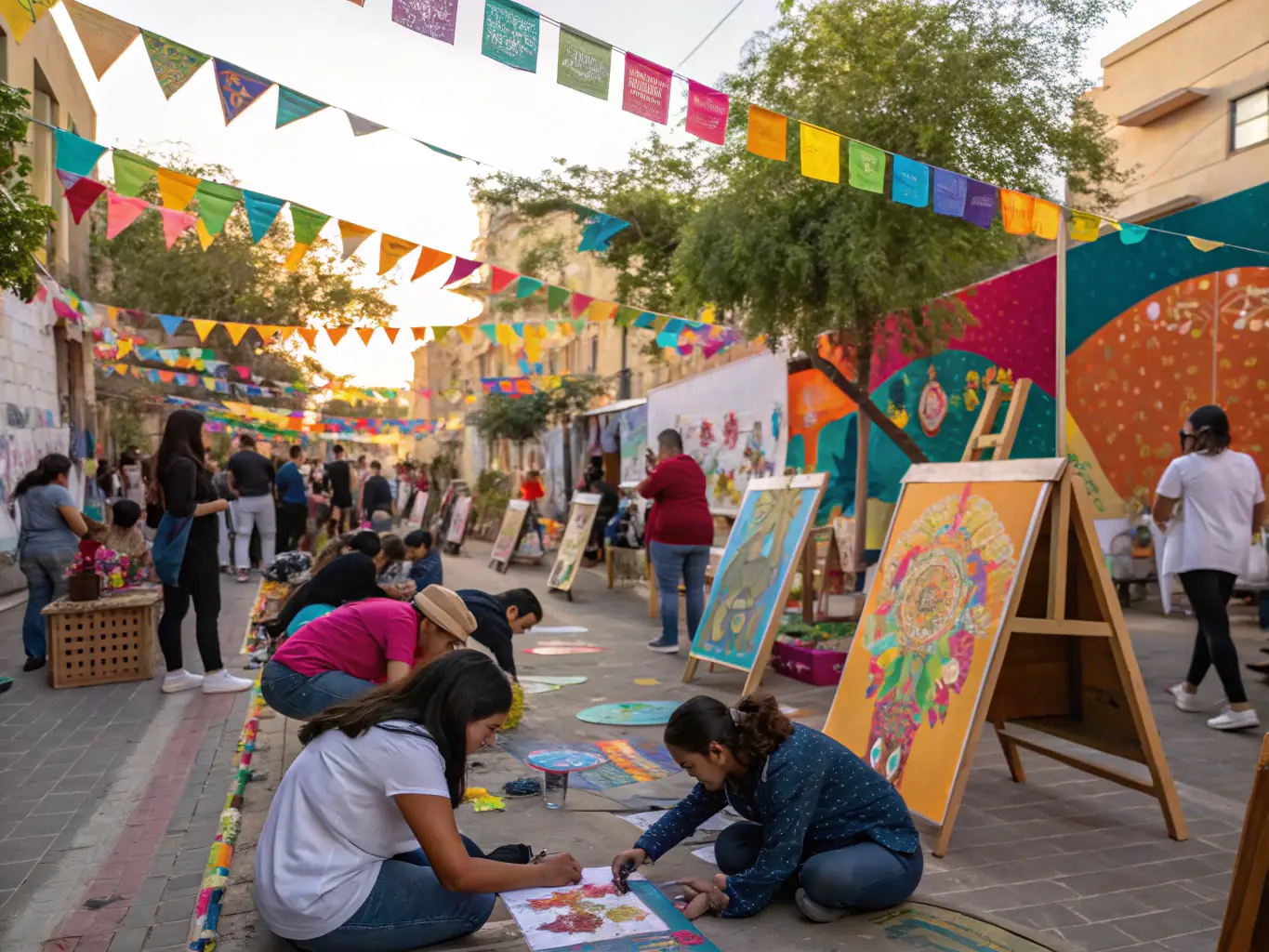 Members participating in a cultural festival with music, dance, and communal dining, highlighting community engagement.