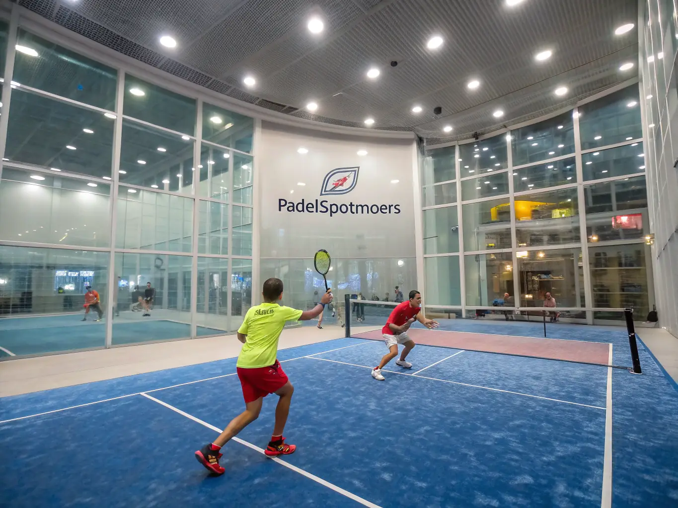 Players engaged in a competitive squash match and a padel game, showcasing the dynamic nature of these sports.