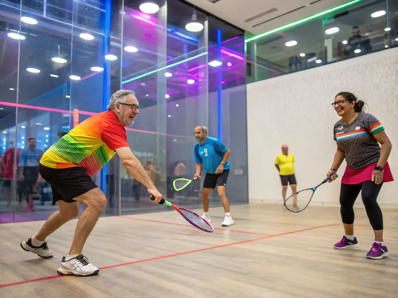 A modern squash court with two players engaged in a competitive match, highlighting the intensity and strategic elements of squash at LAGORD TENNIS SQUASH.