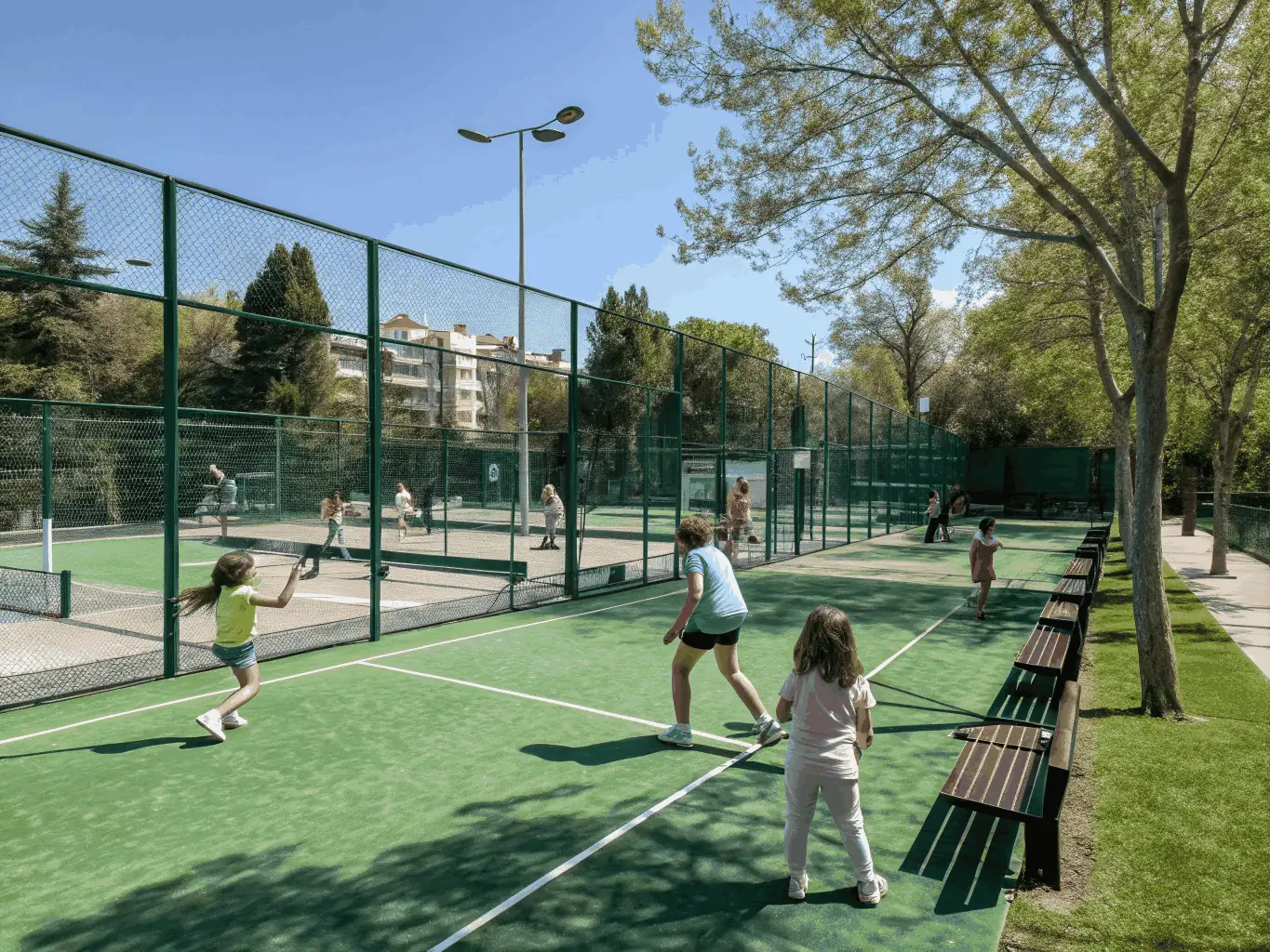 A group of people playing padel on an outdoor court, illustrating the social and engaging nature of padel at LAGORD TENNIS SQUASH.